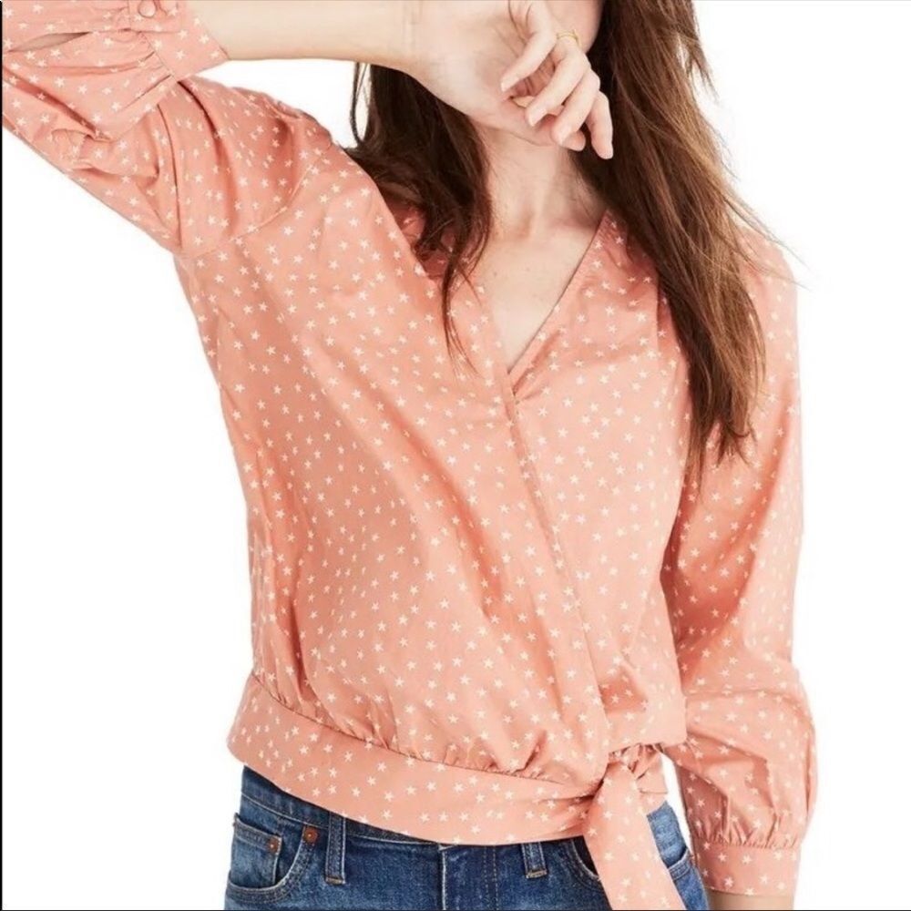 MADEWELL | Star Scatter Wrap Top Orange & White Print Women’s Size Small